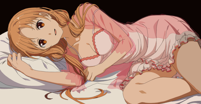 1girl, :d, asuna_(sao), bed_sheet, black_background, breasts, brown_eyes, brown_hair, cleavage, collarbone, dress, female_focus, ikesin1983, long_hair, looking_at_viewer, lying, medium_breasts, nightgown, on_side, open_mouth, pillow, short_dress, sleepwear, sleeveless, sleeveless_dress, smile, solo, strap_slip, sword_art_online, very_long_hair, white_dress