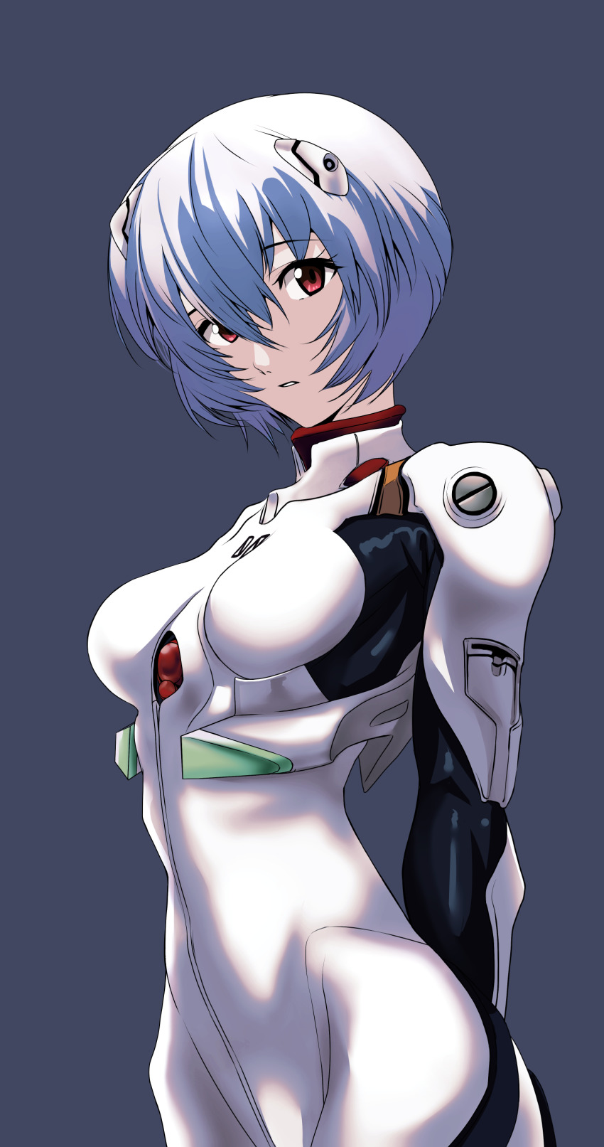 1girl, absurdres, akegata_tobari, ayanami_rei, bodysuit, breasts, breasts_apart, grey_background