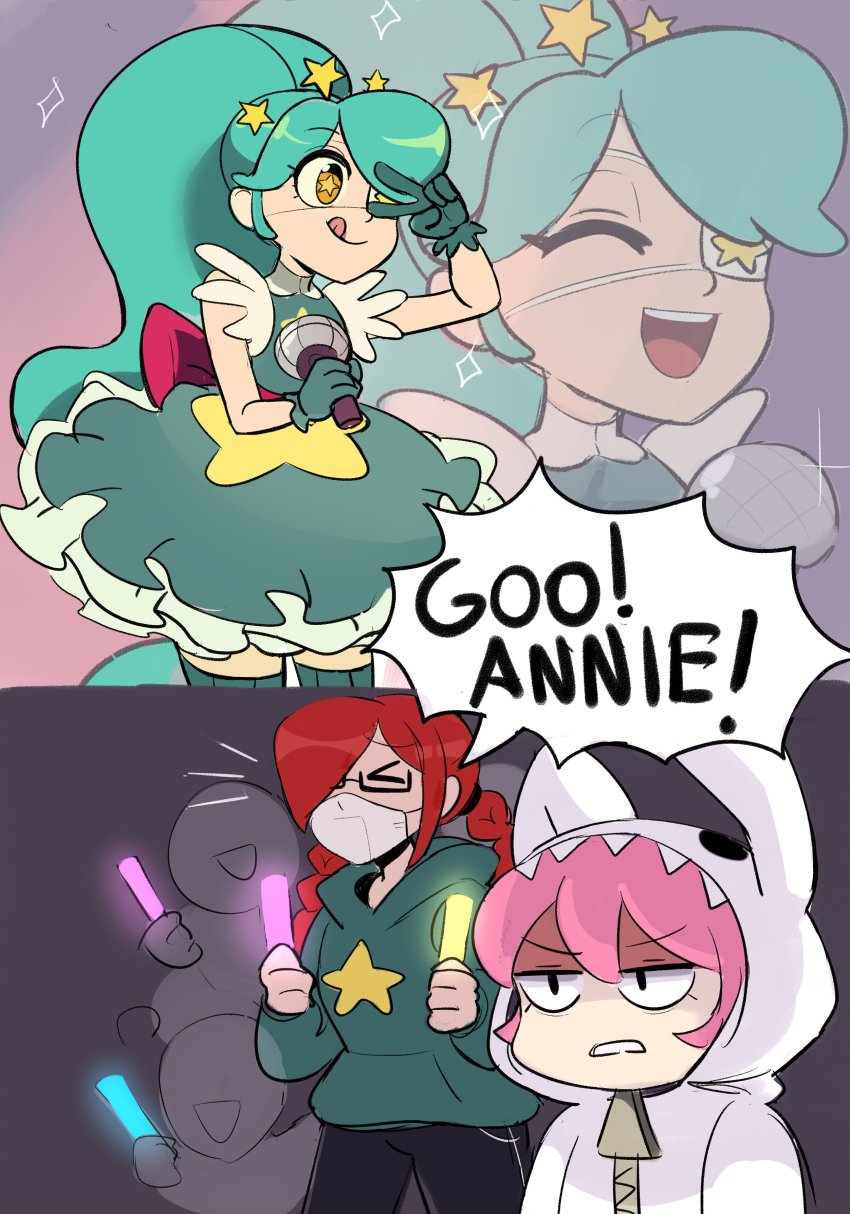 3girls, absurdres, annie_(skullgirls), artist_request, braid, comic, cosplay, dress