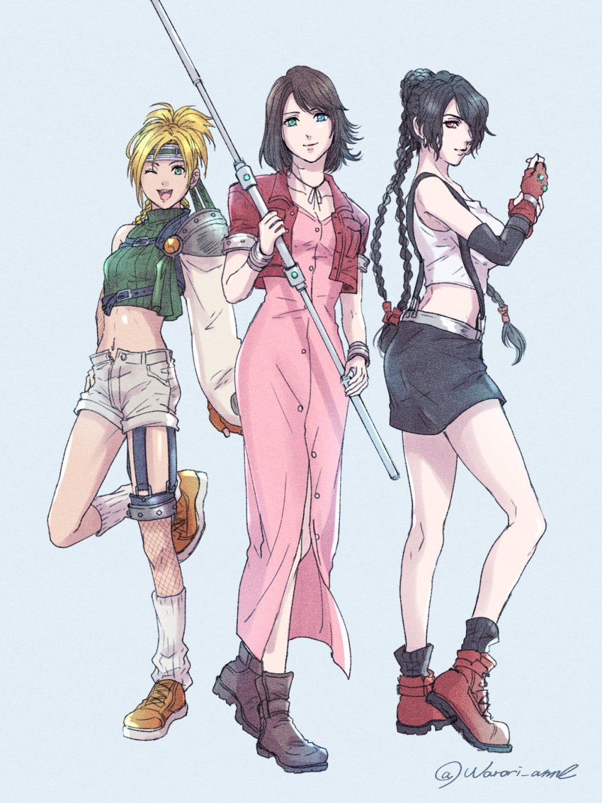 3girls, aerith_gainsborough, aerith_gainsborough_(cosplay), black_hair, black_skirt, blonde_hair, braid, brown_hair, cosplay, crop_top, cropped_jacket, dress, final_fantasy, final_fantasy_vii, final_fantasy_x, forehead_protector, hair_bun, hair_over_one_eye, headband, heterochromia, highres, in-franchise_crossover, lulu_(ff10), multiple_girls, one_eye_closed, open_fly, pink_dress, rikku_(ff10), short_shorts, shorts, single_hair_bun, single_sleeve, skirt, sleeveless, sleeveless_turtleneck, standing, suspender_skirt, suspenders, tifa_lockhart, tifa_lockhart_(cosplay), turtleneck, warori_anne, yuffie_kisaragi, yuffie_kisaragi_(cosplay), yuna_(ff10)