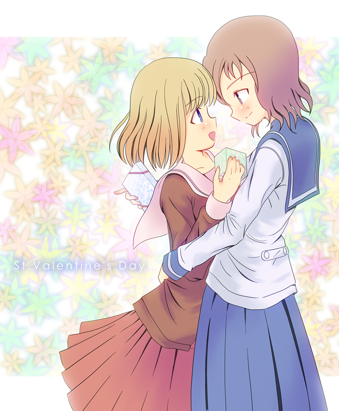 2girls, blue_eyes, blush, brown_eyes, couple, eye_contact, flower, fukuji_mihoko