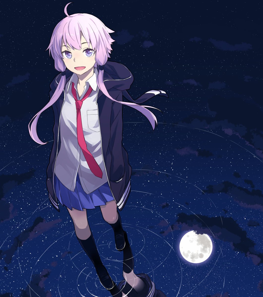 1girl, ahoge, black_jacket, black_shoes, black_socks, blue_eyes, blue_skirt, cloud