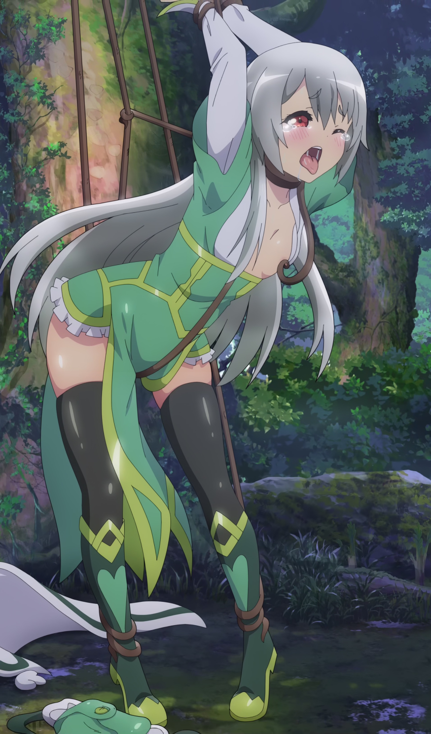 1girl, absurdres, ahegao, anime_screenshot, arms_up, blush, dress, futoku_no_guild, green_dress, highres, loli, maidena_angers, nipple_stimulation, nipple_tweak, one_eye_closed, open_mouth, red_eyes, saliva, silver_hair, stitched, strangling, strappado, tearing_up, thighhighs, third-party_edit, tongue, tongue_out, zettai_ryouiki