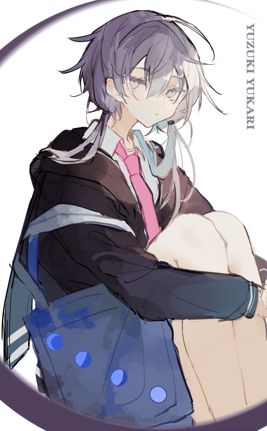 1girl, :|, bag, bare_legs, black_jacket, blue_bag, character_name, closed_mouth