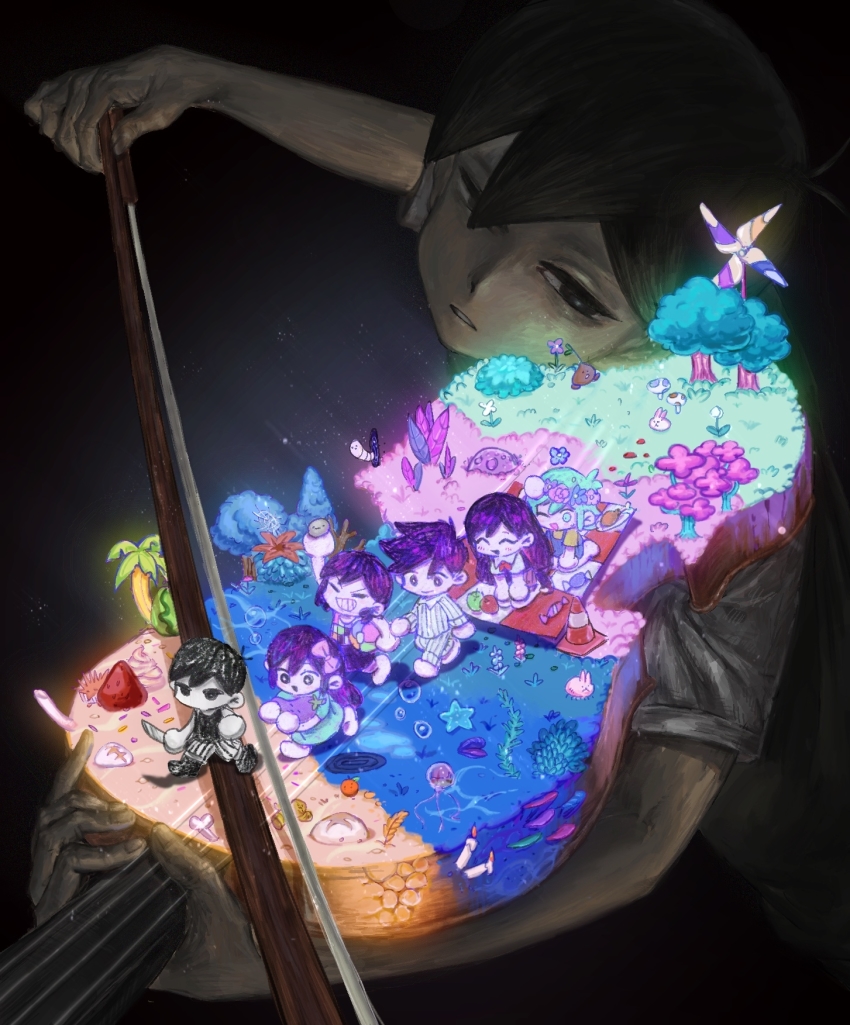 +_+, 2girls, 5boys, ^_^, air_bubble, apple, arm_up, aubrey_(headspace)_(omori)