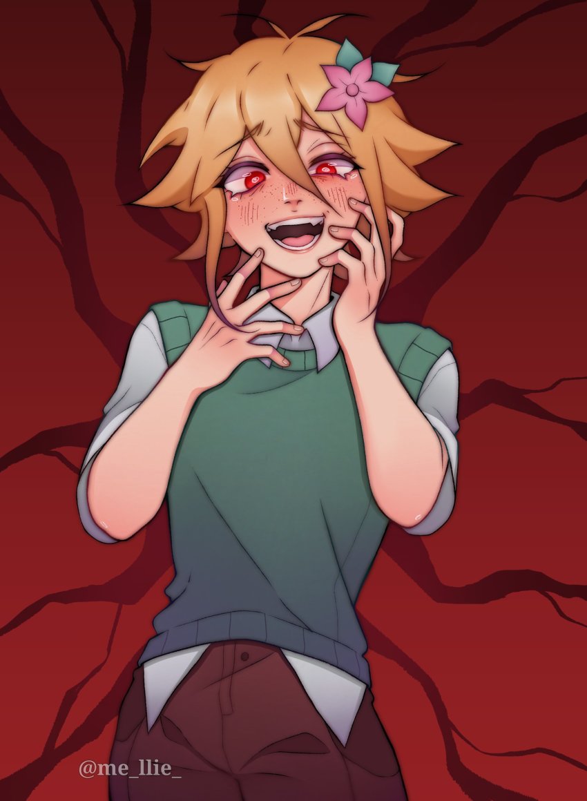 1boy, @_@, basil_(faraway)_(omori), basil_(omori), blonde_hair, blush, collared_shirt, commission, crazy_smile, flower, freckles, green_sweater_vest, hair_flower, hair_ornament, highres, lips, looking_at_viewer, mel_(melmellie), omori, open_mouth, red_eyes, shirt, short_hair, short_sleeves, smile, solo, sweater_vest, teeth, tongue, twitter_username, white_shirt