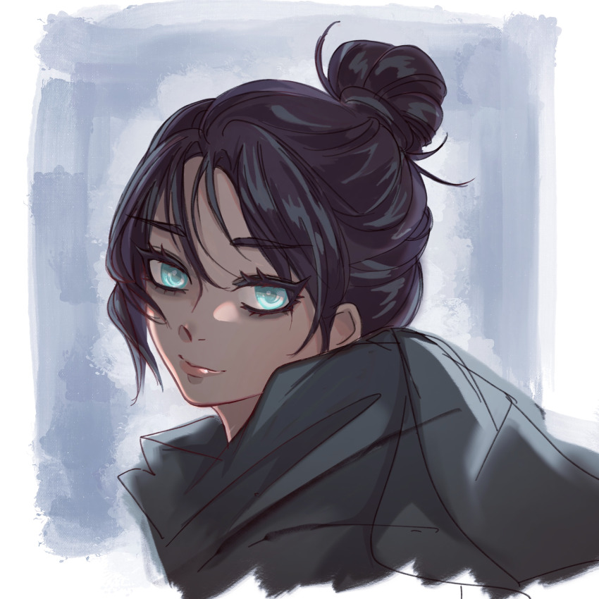 1girl, animification, apex_legends, black_hair, blue_background, blue_eyes, chinese_commentary, from_side, grey_scarf, hair_behind_ear, hair_bun, head_tilt, highres, looking_at_viewer, portrait, scarf, single_hair_bun, sketch, smile, solo, wraith_(apex_legends), ye_yezi
