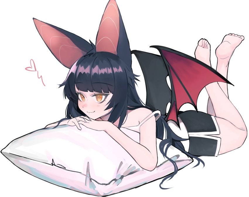 animal_ears, bat_ears, bat_girl, bat_wings, black_hair, feet, heart, highres