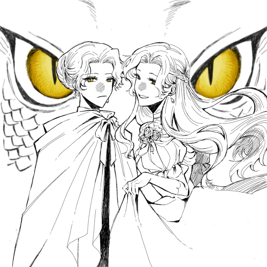 2girls, audrey_hall, chinese_commentary, cloak, clothes_lift, commentary_request, dragon, dragon_girl, dress, earrings, green_eyes, highres, holding_own_dress, jewelry, long_hair, looking_at_viewer, lord_of_the_mysteries, monochrome, multiple_girls, parted_bangs, parted_lips, politelemon, skirt, skirt_lift, slit_pupils, smile, yellow_eyes