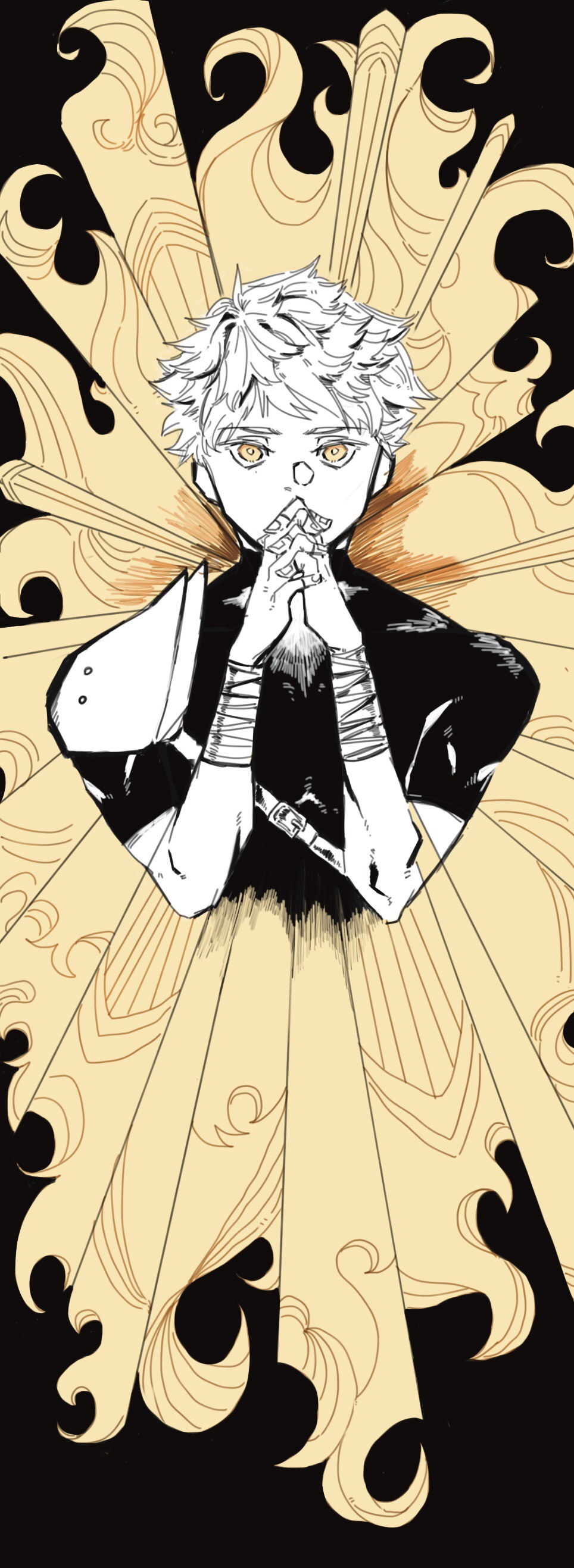 1boy, abstract_background, absurdres, armor, black_background, black_shirt, bracer, chinese_commentary