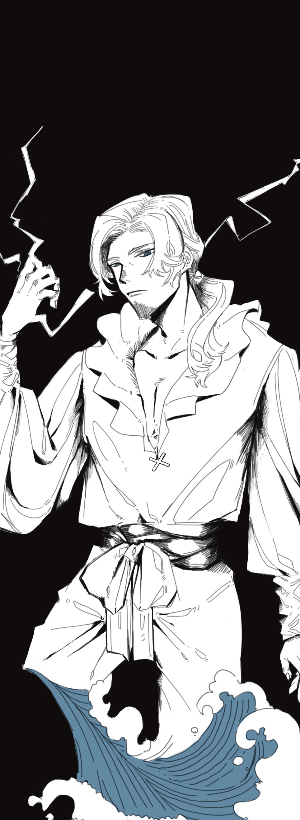 1boy, absurdres, alger_wilson, arm_up, beard, belt, black_background, blue_eyes