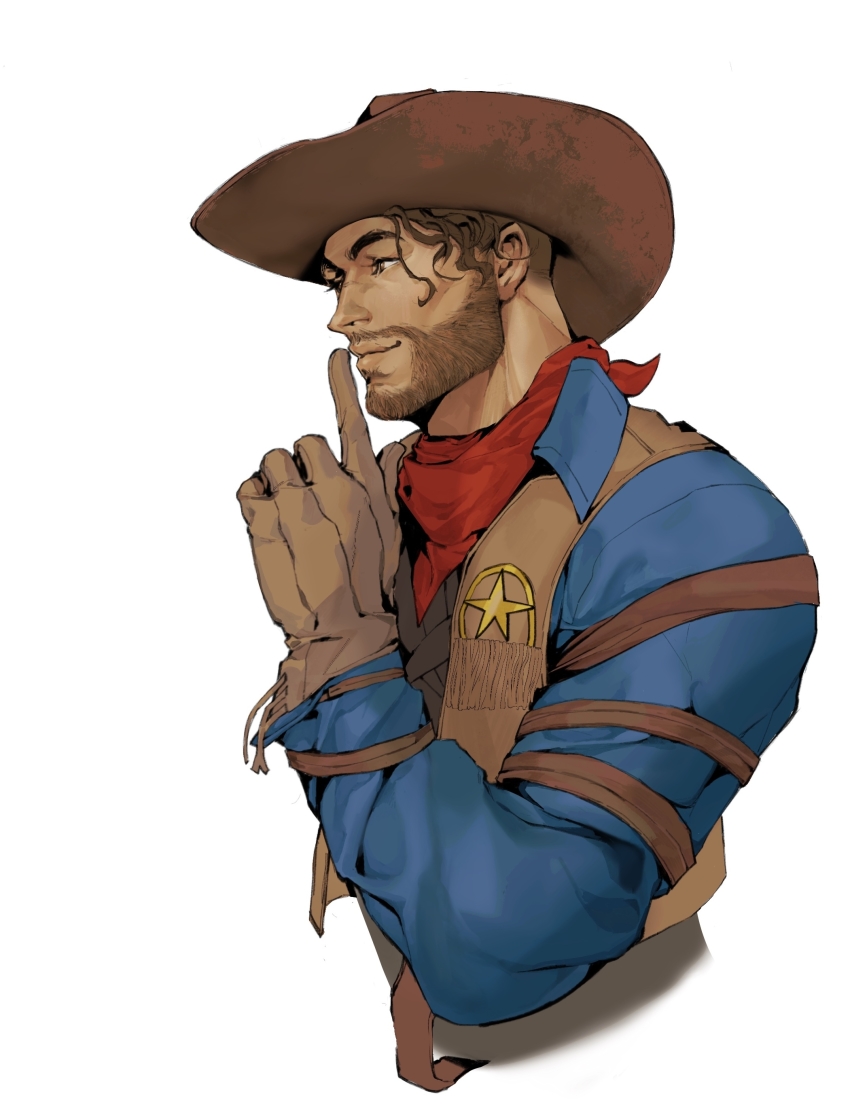 1boy, absurdres, apex_legends, bandana, black_vest, blue_shirt, brown_eyes, brown_gloves, brown_hair, brown_hat, brown_vest, chinese_commentary, collared_shirt, cowboy, cowboy_hat, cowboy_western, dark-skinned_male, dark_skin, facial_hair, gloves, goatee, hat, highres, lemon_saltfish, male_focus, mirage_(apex_legends), official_alternate_costume, old_town_mirage, pointing, pointing_up, red_bandana, shirt, smile, solo, upper_body, vest, western