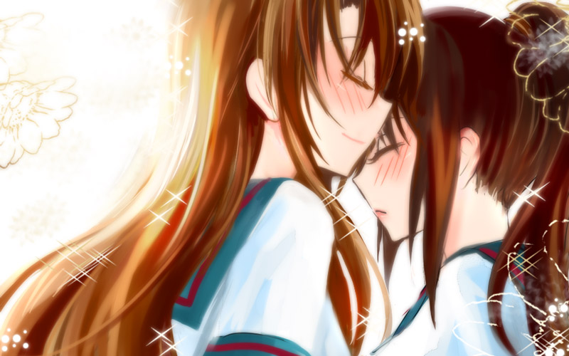 2girls, brown_hair, closed_eyes, gender_request, genderswap, koizumi_itsuki_(female), kyonko, long_hair, multiple_girls, ponytail, school_uniform, serafuku, suzumiya_haruhi_no_yuuutsu, suzumiya_haruhiko_no_yuuutsu, yin_xing_zi