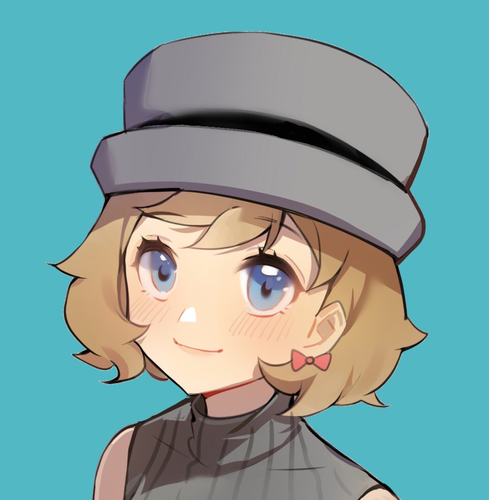 1girl, aqua_background, blonde_hair, blue_eyes, blush, closed_mouth, earrings, eyelashes, grey_hat, hat, jewelry, nintendo, podayo_po, pokemon, pokemon_(anime), pokemon_journeys, pokemon_swsh105, portrait, serena_(pokemon), short_hair, simple_background, smile, solo, sweater_vest
