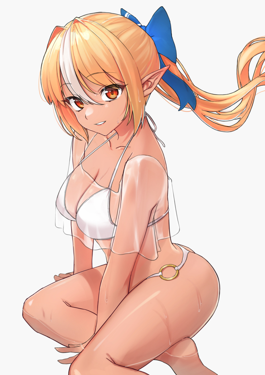 1girl, ass, bikini, blonde_hair, blue_bow, bow, breasts, cleavage, dark-skinned_female, dark_skin, elf, hair_bow, halterneck, highres, hololive, long_hair, looking_at_viewer, medium_breasts, motoraku, multicolored_hair, o-ring, o-ring_bikini, orange_eyes, parted_lips, pointy_ears, ponytail, see-through_clothes, see-through_cleavage, see-through_shirt, shiranui_flare, smile, solo, streaked_hair, string_bikini, swimsuit, virtual_youtuber, white_bikini