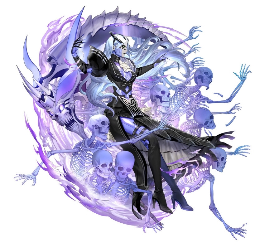 1girl, asatani_tomoyo, ascot, black_dress, black_eyeshadow, black_lips, bone, boots