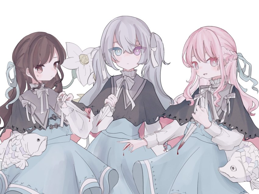 1other, 25-ji_miku, 2girls, aqua_eyes, black_capelet, blood, blood_on_hands, bloody_weapon