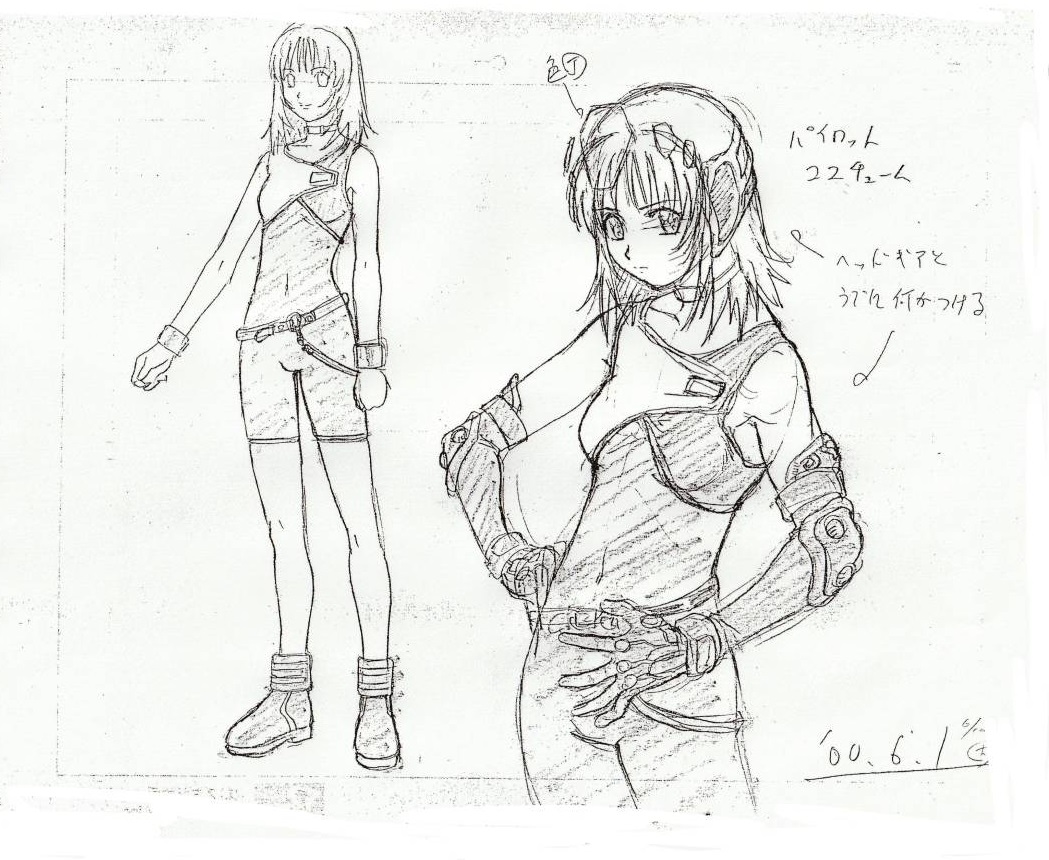 00s, 1girl, bodysuit, breasts, reference_sheet, concept_art, covered_navel, full_body