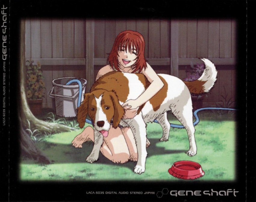 00s, 1girl, brown_hair, dog, geneshaft, happy, highres, kneeling
