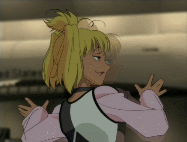 00s, 1girl, against_glass, animated, animated_gif, bandai, blonde_hair, breasts, dark-skinned_female, dark_skin, female_focus, geneshaft, green_eyes, long_hair, looking_to_the_side, ponytail, small_breasts, smile, smug, solo, swag, talking, tiki_musicanova