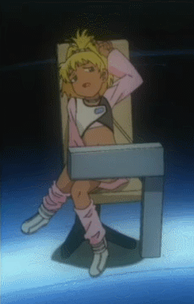 00s, 1girl, animated, animated_gif, bandai, blonde_hair, breasts, crossed_legs