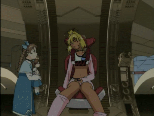 00s, 2girls, animated, animated_gif, bandai, blonde_hair, breasts, dark-skinned_female