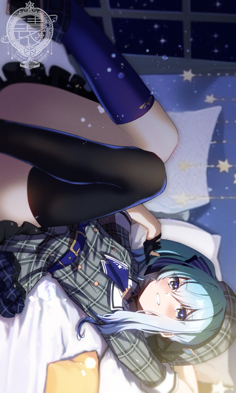 1girl, aqua_hair, arm_behind_head, arm_up, artist_logo, asymmetrical_legwear, bed, bed_sheet