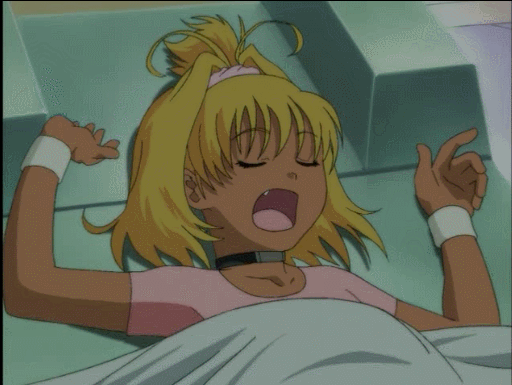 00s, 1girl, animated, animated_gif, bandai, blonde_hair, dark-skinned_female, dark_skin, fang, female_focus, flat_chest, geneshaft, long_hair, lying, ponytail, sleeping, solo, tiki_musicanova, yawning