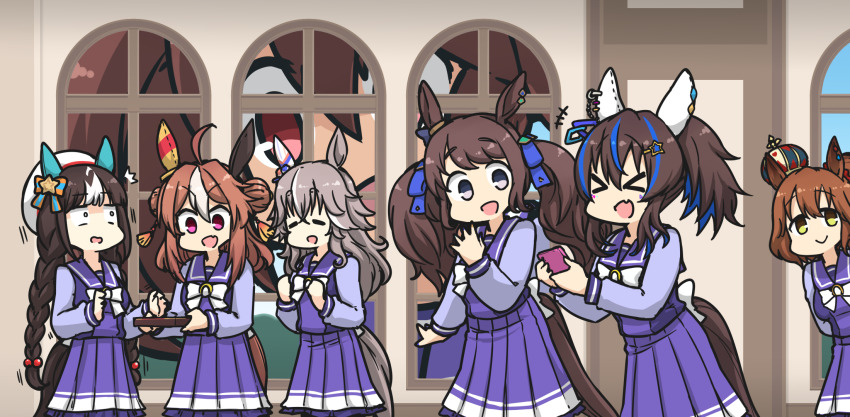 +++, 1koma, 6+girls, ^^^, ahoge, animal_ears, arms_behind_back, aston_machan_(umamusume)