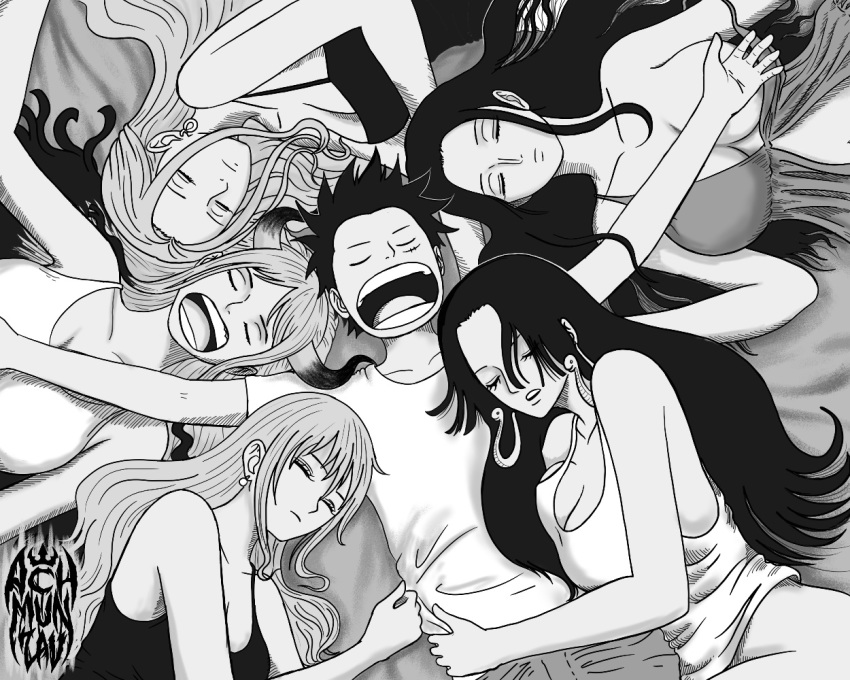 1boy, 5girls, achmunzav, artist_name, bare_arms, bare_shoulders, black_hair, black_shirt, boa_hancock, breast_press, breasts, cleavage, closed_eyes, convenient_arm, convenient_censoring, earrings, greyscale, hair_spread_out, jewelry, large_breasts, long_hair, monkey_d._luffy, monochrome, multiple_girls, nami_(one_piece), nefertari_vivi, nico_robin, no_bra, no_panties, nose, one_piece, open_mouth, parted_lips, scar, scar_on_face, shirt, short_hair, sleeping, sleeveless, sleeveless_shirt, snake_earrings, strap_slip, teeth, upper_body, uppercut, very_short_hair, white_shirt, yamato_(one_piece)