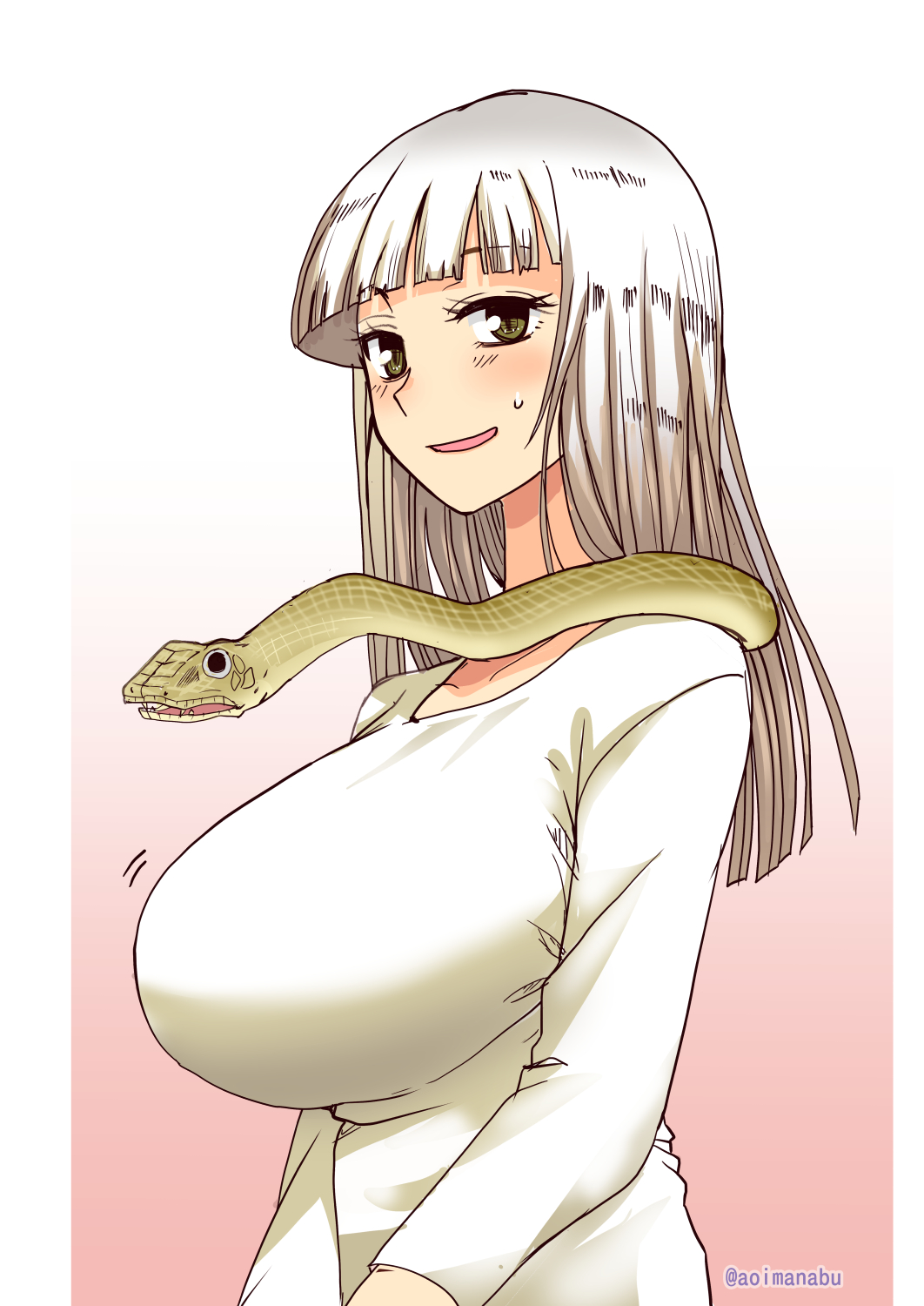 1girl, aoi_manabu, blush, breasts, brown_eyes, collarbone, hakudou_yayoi, highres, hoshi_no_samidare, huge_breasts, long_hair, looking_at_viewer, open_mouth, shea_moon, simple_background, smile, snake, solo, sweatdrop, white_hair
