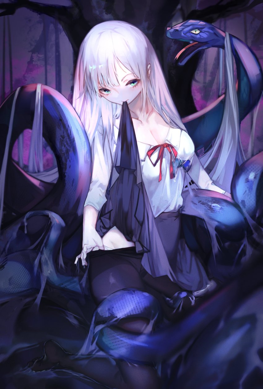 1girl, absurdres, breasts, cleavage, closed_mouth, collarbone, green_eyes, hair_spread_out