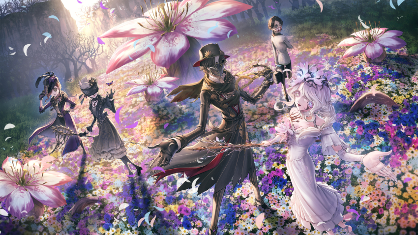 2boys, 3girls, aesop_carl, aesop_carl_(vervain), back_bow, bag, bare_tree, beckoning