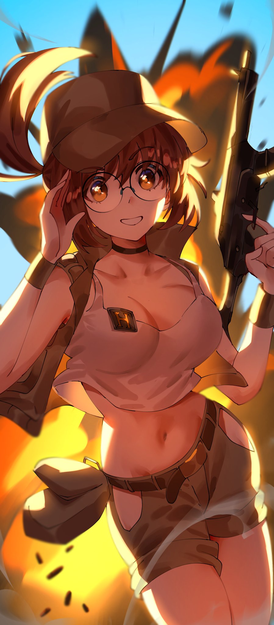 1girl, belt, breasts, bullet, cleavage, crop_top, explosion, fio_germi, glasses, gun, hat, highres, jacket, large_breasts, long_hair, metal_slug, ponytail, shorts, sinkoart, sleeveless, solo, weapon
