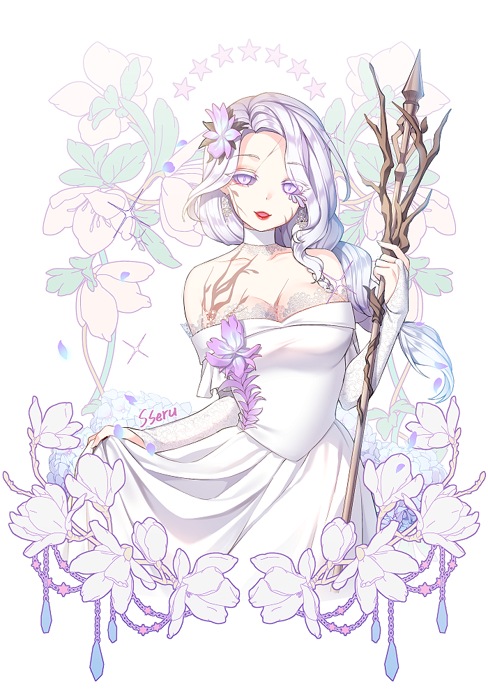 1girl, body_markings, braid, breasts, bridal_gauntlets, cleavage, collar, colored_sclera