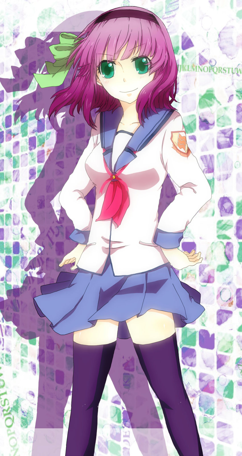 10s, 1girl, angel_beats!, bad_id, bad_pixiv_id, black_thighhighs, female_focus, green_eyes, hair_ribbon, hairband, highres, purple_hair, ribbon, school_uniform, sei_sara, serafuku, short_hair, skirt, solo, thighhighs, nakamura_yuri, zettai_ryouiki