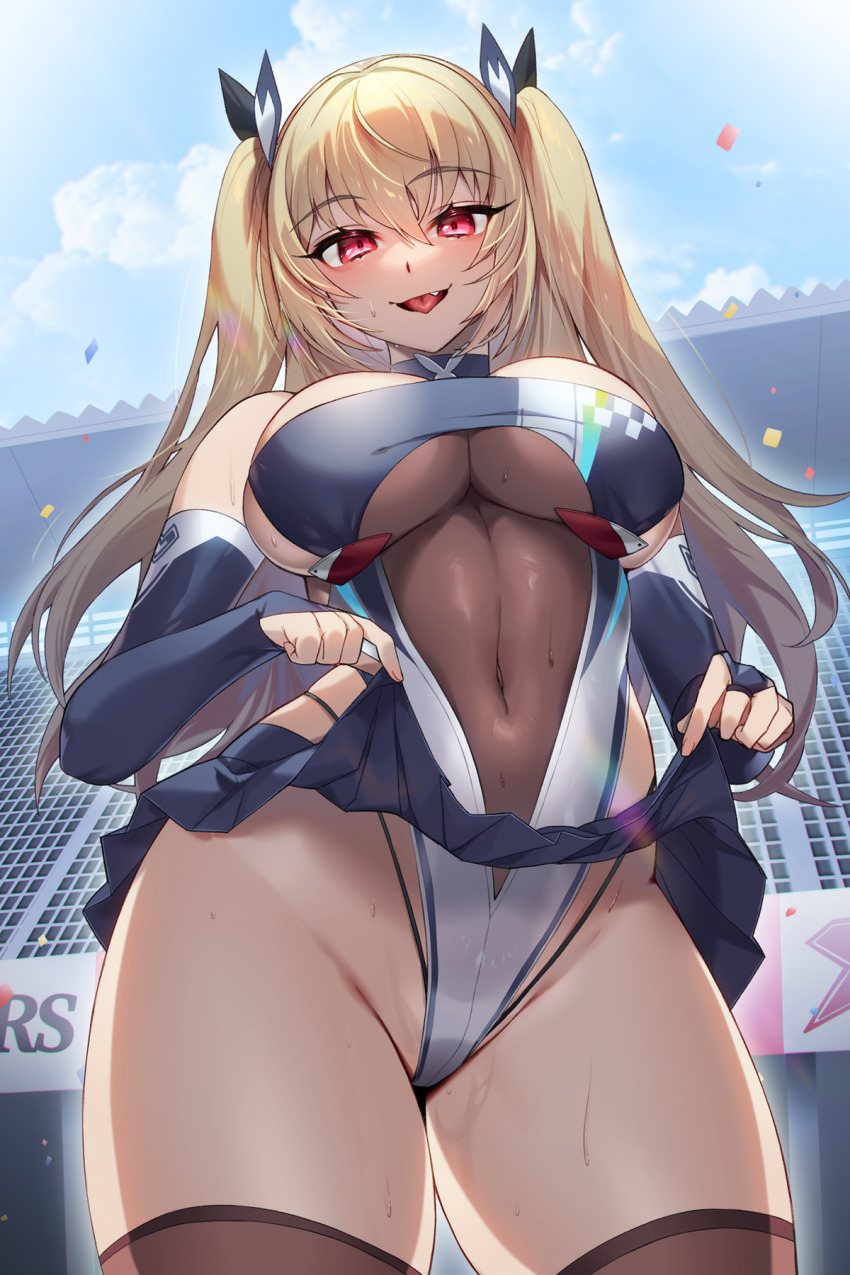 1girl, blonde_hair, borrowed_character, breasts, bridal_gauntlets, clothes_lift, covered_navel, cowboy_shot