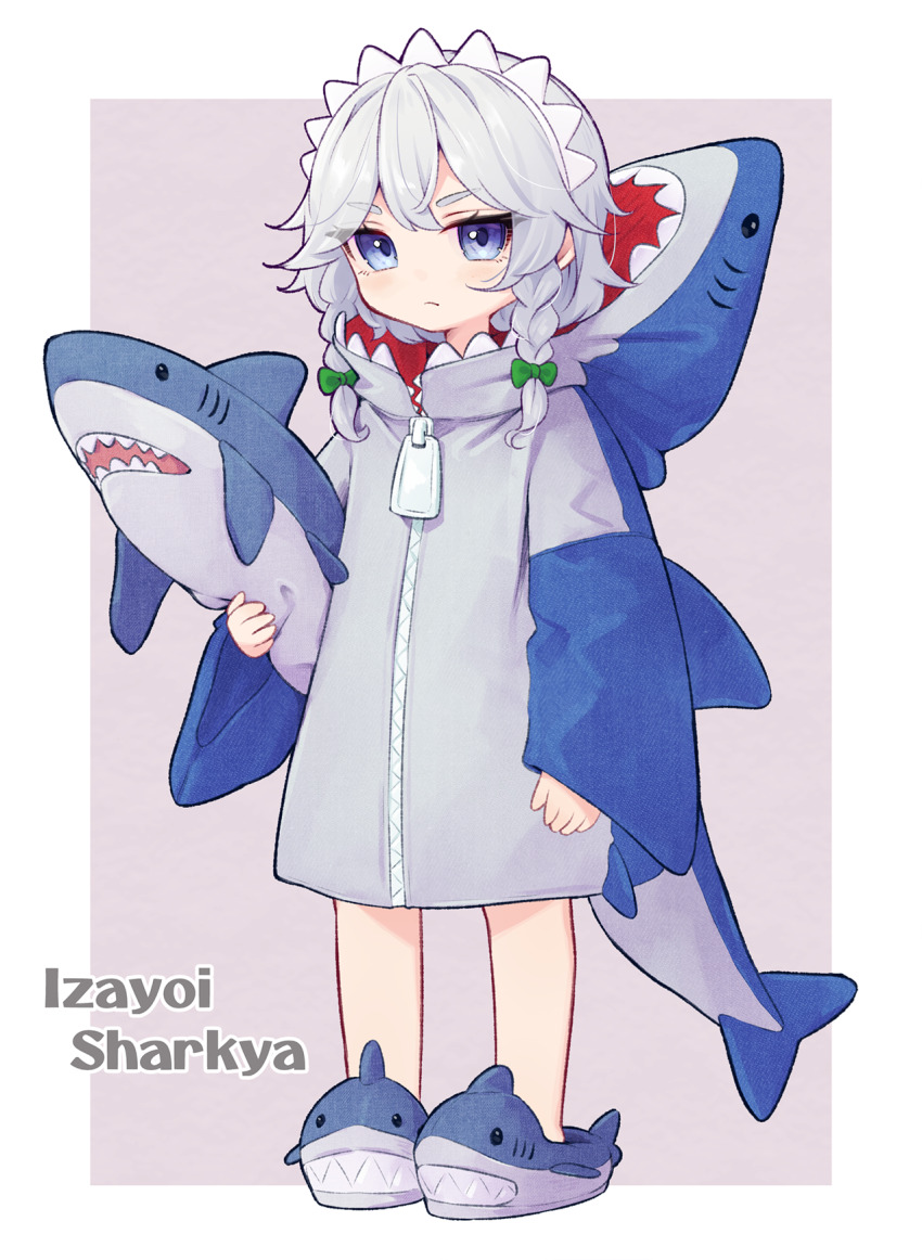 1girl, :/, alternate_costume, animal_costume, animal_slippers, blue_eyes, border, bow, braid, chibi, commentary, english_text, full_body, green_bow, grey_background, grey_hoodie, hair_bow, highres, holding, holding_stuffed_toy, hood, hoodie, izayoi_sakuya, kanpa_(campagne_9), light_blush, long_sleeves, maid_headdress, shark_costume, shark_slippers, short_hair, simple_background, solo, stuffed_animal, stuffed_shark, stuffed_toy, touhou, twin_braids, v-shaped_eyebrows, white_border, white_hair, zipper, zipper_pull_tab