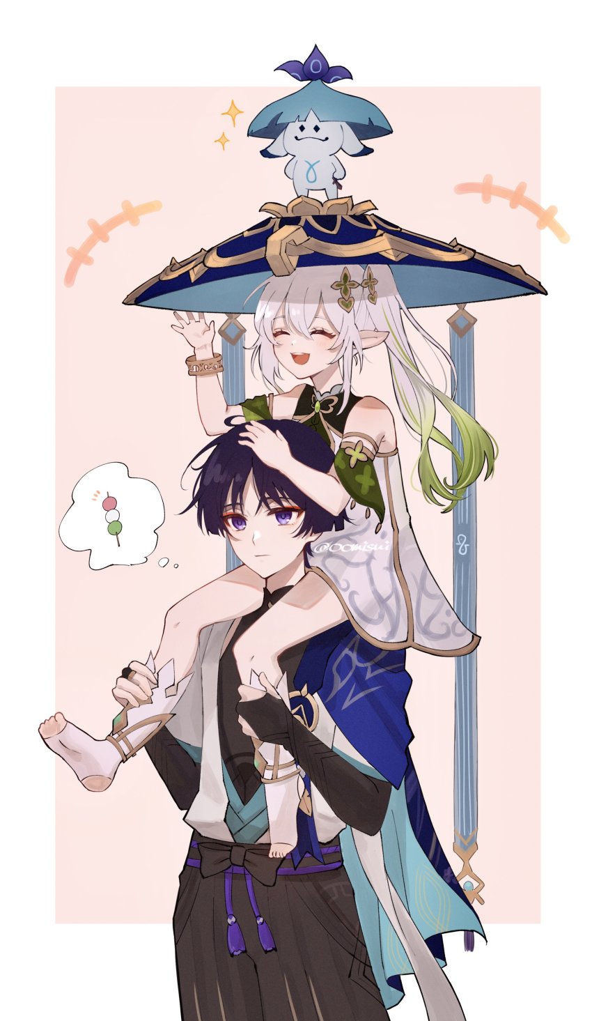 1boy, 1girl, 1other, absurdres, aranara_(genshin_impact), ararycan_(genshin_impact), arm_armor, artist_name