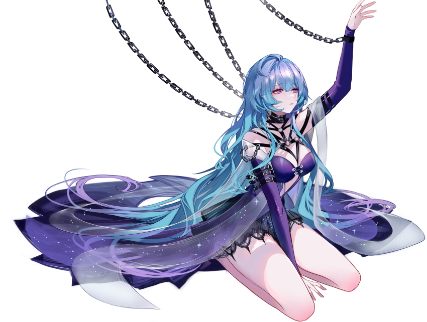 1girl, absurdres, arm_support, bare_legs, bare_shoulders, blue_hair, breasts, chain, commentary_request, copyright_request, hamel_(path_to_nowhere), highres, large_breasts, long_hair, long_sleeves, path_to_nowhere, purple_eyes, seiza, sheya, simple_background, sitting, solo, thighs, very_long_hair, white_background