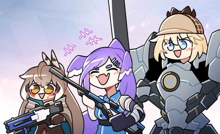 3girls, ahoge, armor, asymmetrical_arms, blonde_hair, blood, blood_on_face, brown_hair