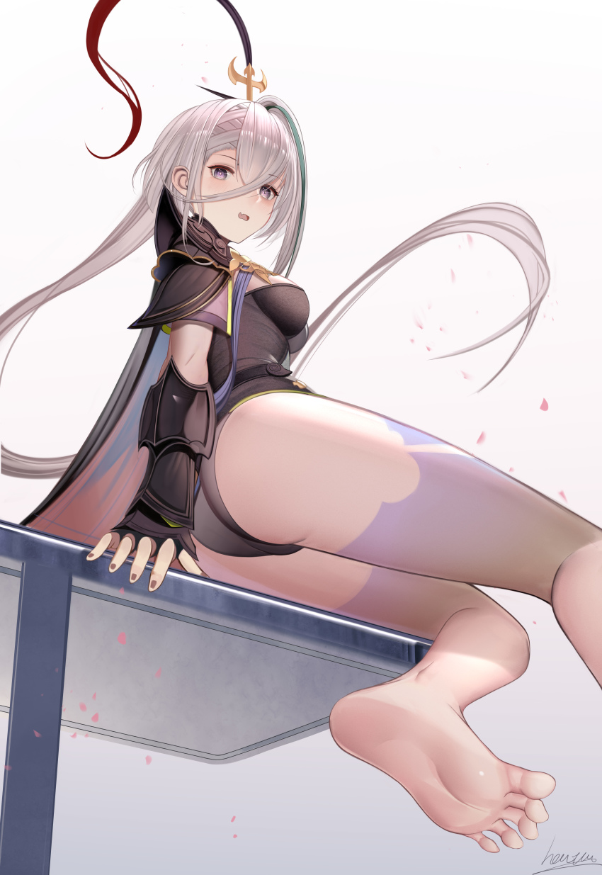 1girl, absurdres, arm_support, artist_name, bare_legs, barefoot, blush, breasts, brown_leotard, cross, fate/grand_order, fate_(series), feet, fingerless_gloves, foot_out_of_frame, from_below, gauntlets, gloves, hair_ornament, heatia, highres, huyan_zhuo_(fate), huyan_zhuo_(third_ascension)_(fate), legs, leotard, long_hair, looking_at_viewer, medium_breasts, nail_polish, open_mouth, petals, purple_eyes, sideboob, simple_background, sitting, sitting_on_table, soles, solo, thighs, toes, white_background, white_hair