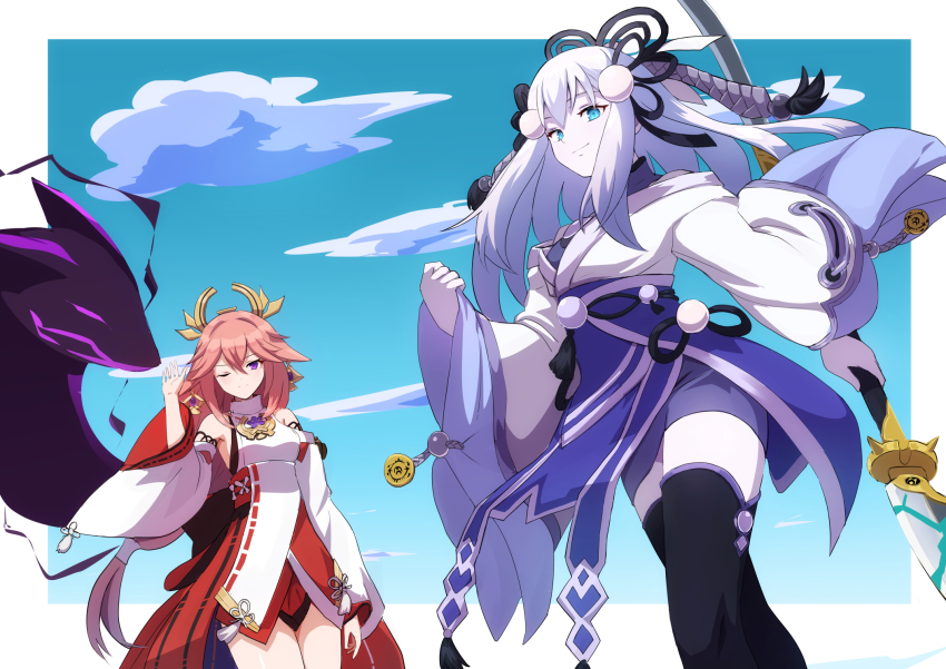 2girls, afrody, bare_shoulders, blue_eyes, clenched_hand, colored_skin, comic, crossed_bangs, crossover, detached_sleeves, duel_monster, feet_out_of_frame, genshin_impact, grin, hair_ornament, hakama, hand_up, highres, holding, holding_polearm, holding_weapon, japanese_clothes, long_hair, long_sleeves, multiple_girls, nontraditional_miko, one_eye_closed, outdoors, pink_hair, polearm, purple_eyes, red_skirt, skirt, smile, thighhighs, turtleneck, weapon, white_hair, white_skin, wide_sleeves, yae_miko, yu-gi-oh!, yuki-onna_the_absolute_zero_mayakashi, yuki-onna_the_ice_mayakashi, zettai_ryouiki