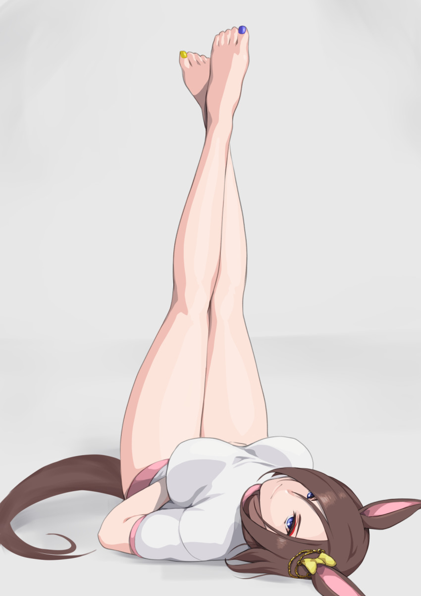 1girl, air_groove_(umamusume), barefoot, bow, breasts, brown_hair, buruma, crossed_ankles, ear_bow, eyeshadow, feet, gym_uniform, hair_over_one_eye, highres, horse_girl, kuroi_ani, large_breasts, legs, legs_up, looking_at_viewer, lying, makeup, nail_polish, on_back, pink_buruma, purple_eyes, red_eyeshadow, shirt, short_hair, short_sleeves, smile, solo, thighs, toenail_polish, toenails, umamusume, white_shirt, yellow_bow
