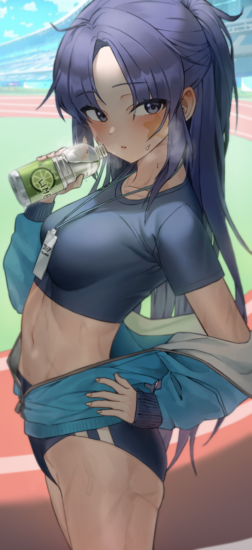 1girl, blue_archive, blue_buruma, blush, buruma, field, gym_uniform, hand_on_own_hip
