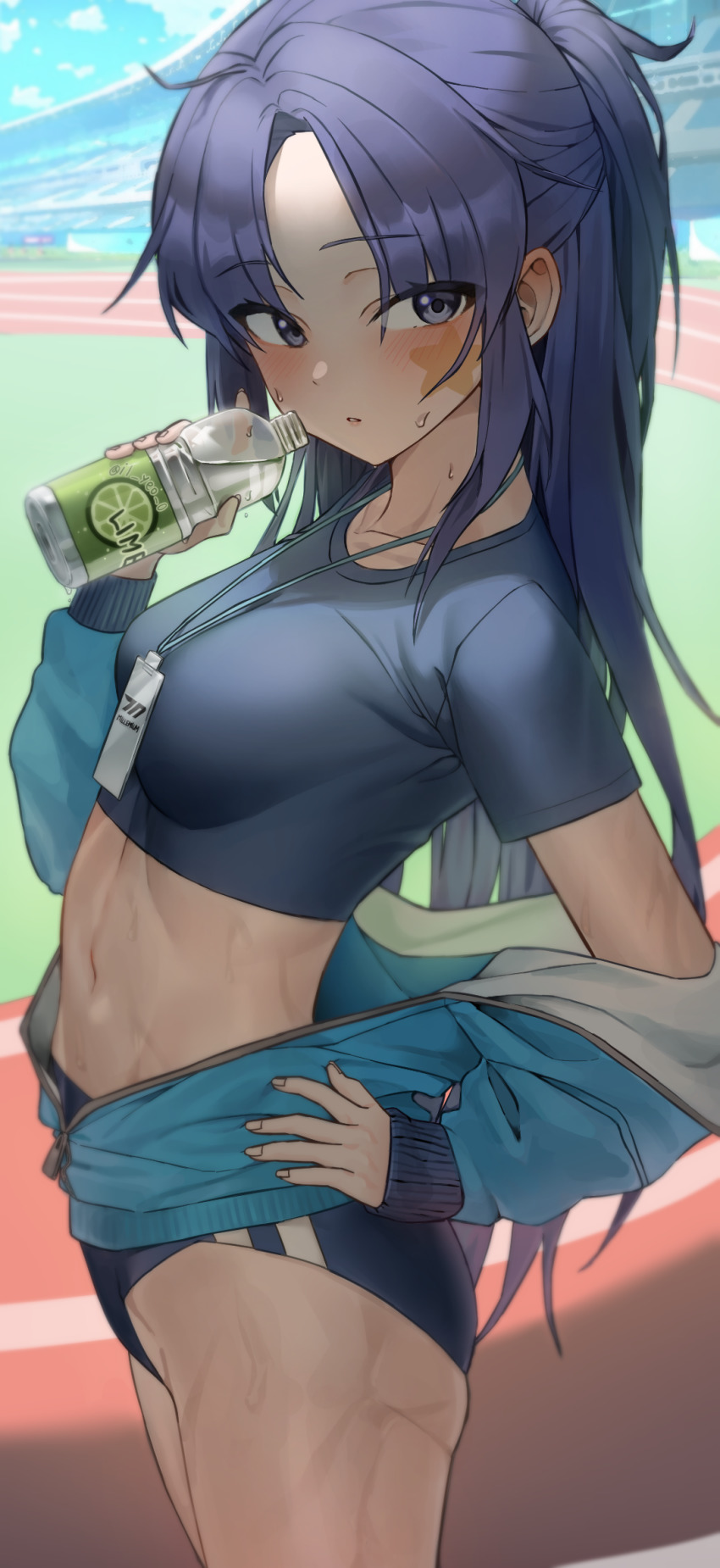 1girl, blue_archive, blue_buruma, blush, buruma, field, gym_uniform, hand_on_own_hip
