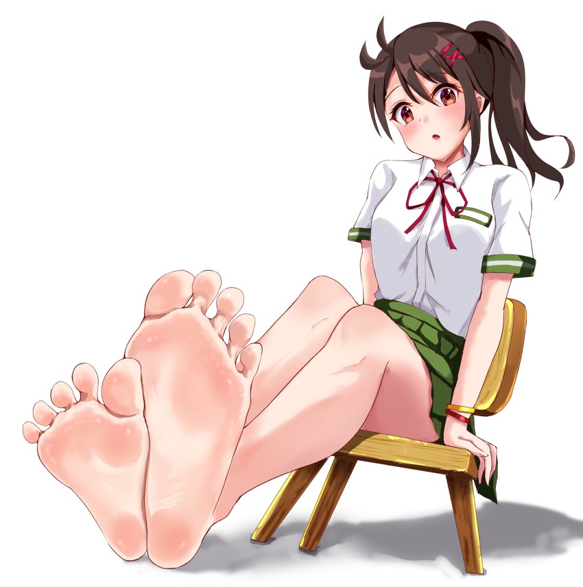 1girl, absurdres, barefoot, blush, brown_eyes, brown_hair, chair, feet, highres, iberiko_(soinesitai), iwato_suzume, long_hair, looking_at_viewer, munakata_souta, parted_lips, side_ponytail, sitting, soles, suzume_no_tojimari, toes