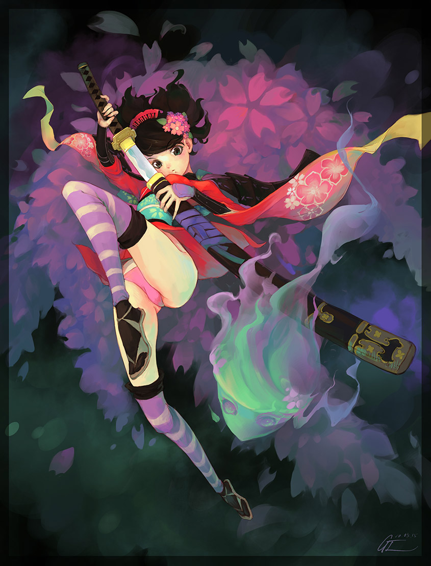 1girl, armor, ass, brown_hair, comb, female_focus, flower, green_eyes