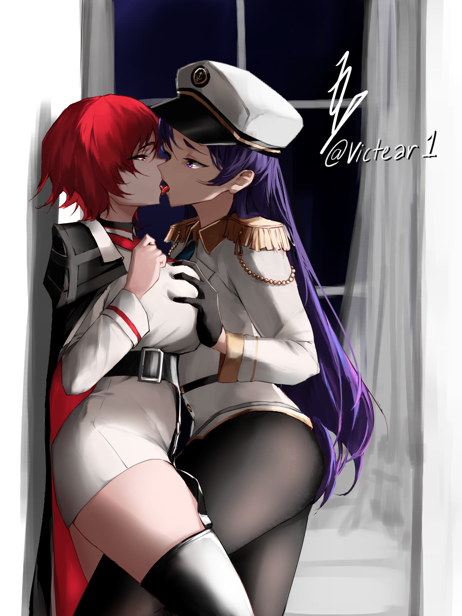 2girls, aiguillette, artist_name, azur_lane, black_cape, black_gloves, black_pantyhose, breasts