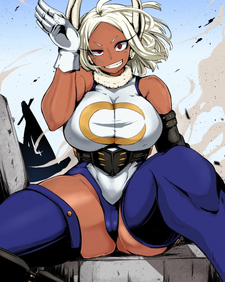 1girl, absurdres, animal_ears, bare_shoulders, boku_no_hero_academia, breasts, crescent_print, dark-skinned_female